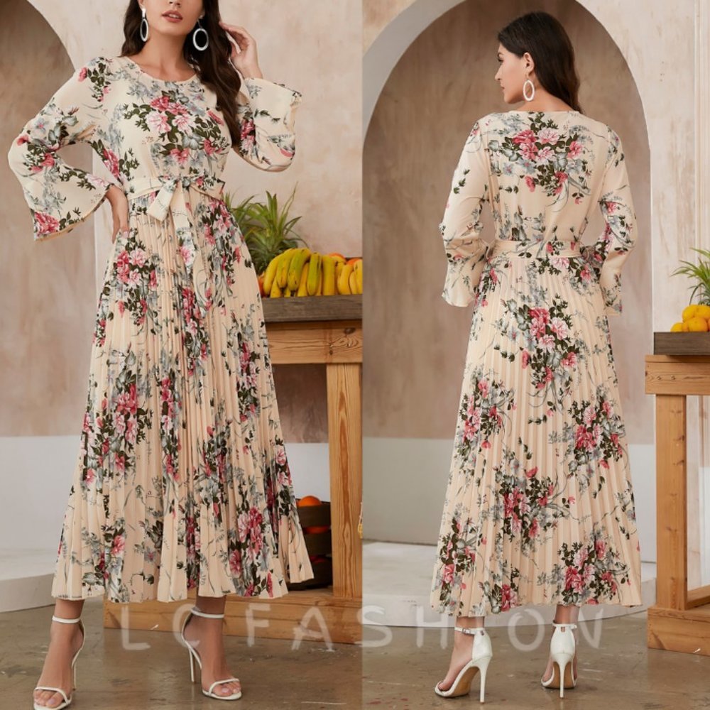 Boho Dress, Floral Print Flounce Sleeve Pleated Hem Belted Dress, summer dress